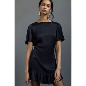 Anthropologie Ruffled Black Satin Mini Dress Cocktail Party Elegant Size US 0